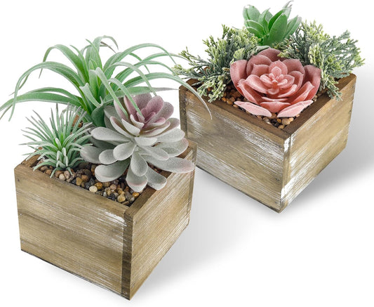 2 Pack Fake Succulents Plants in Wood Pots for Farmhouse Decor