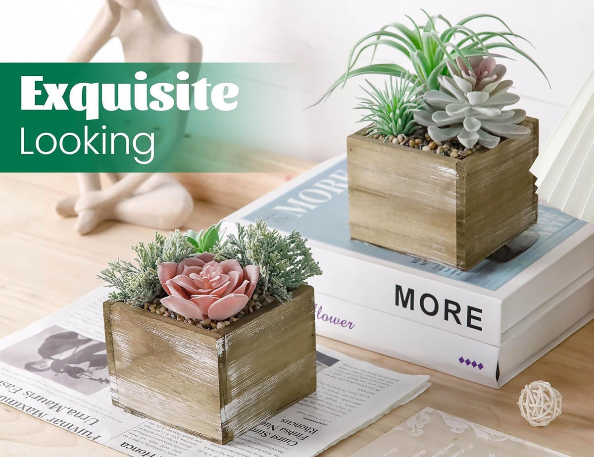 2 Pack Fake Succulents Plants in Wood Pots for Farmhouse Decor