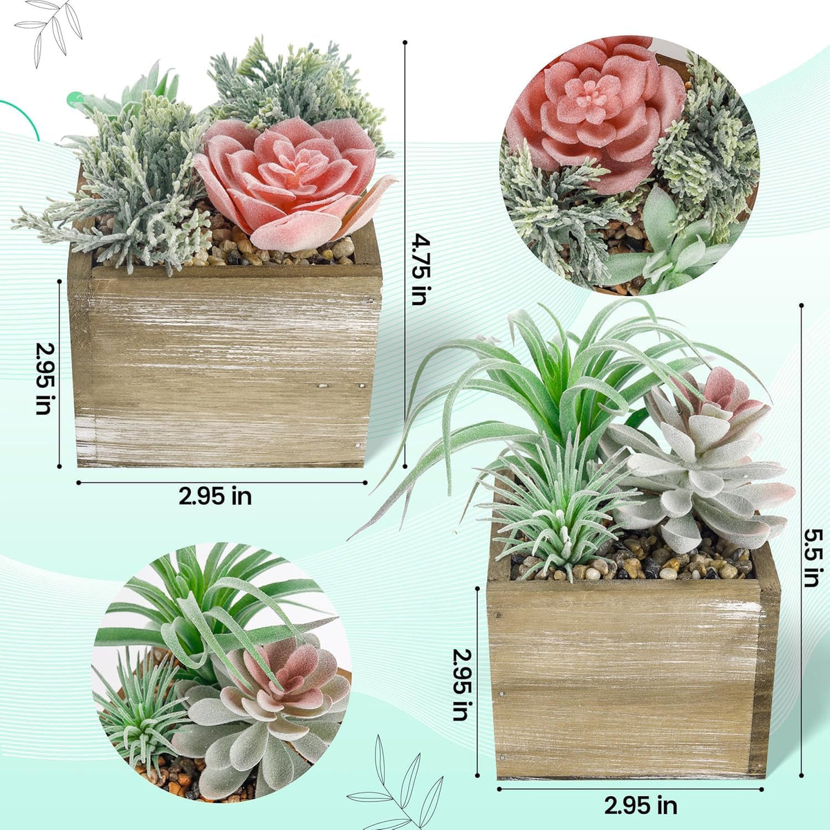 2 Pack Fake Succulents Plants in Wood Pots for Farmhouse Decor