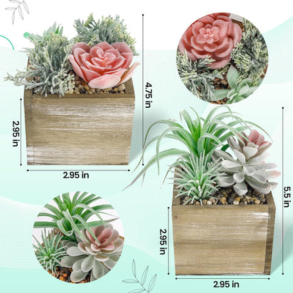 2 Pack Fake Succulents Plants in Wood Pots for Farmhouse Decor