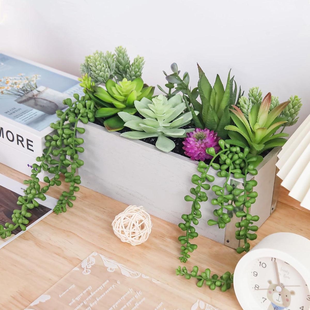 2 Pack Fake Succulents Plants in Wood Pots for Farmhouse Decor