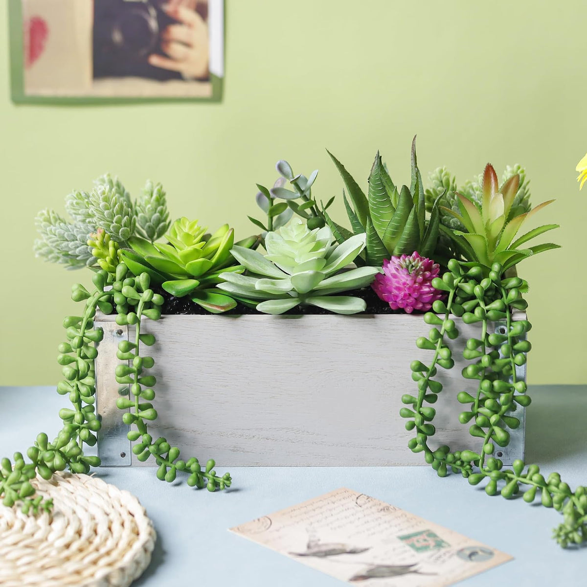 2 Pack Fake Succulents Plants in Wood Pots for Farmhouse Decor