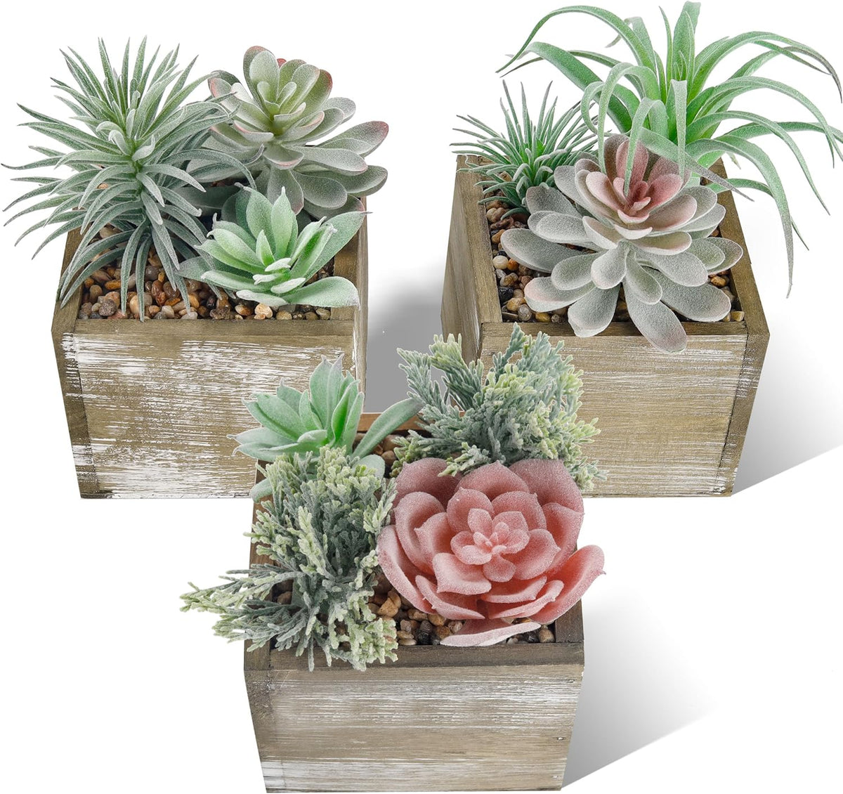 2 Pack Fake Succulents Plants in Wood Pots for Farmhouse Decor