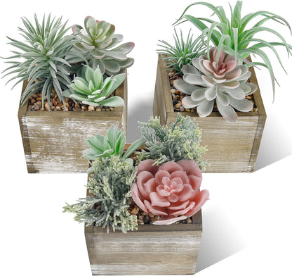 2 Pack Fake Succulents Plants in Wood Pots for Farmhouse Decor