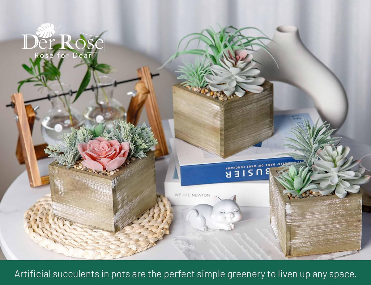 2 Pack Fake Succulents Plants in Wood Pots for Farmhouse Decor
