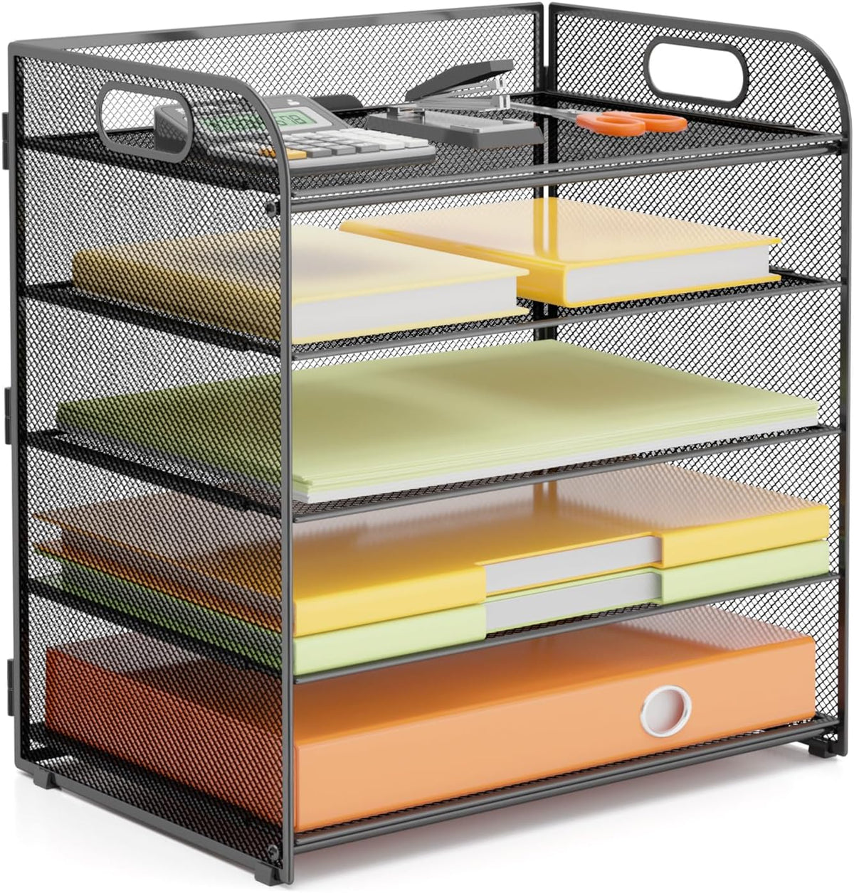 5 Tier Paper Letter Tray Organizer with Handles, Mesh Desk File Organizer Metal Paper Sorter Holder, Desktop Document Shelf Tray Storage Organization for Office School Home