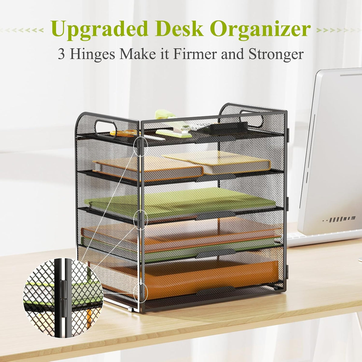 5 Tier Paper Letter Tray Organizer with Handles, Mesh Desk File Organizer Metal Paper Sorter Holder, Desktop Document Shelf Tray Storage Organization for Office School Home