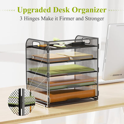5 Tier Paper Letter Tray Organizer with Handles, Mesh Desk File Organizer Metal Paper Sorter Holder, Desktop Document Shelf Tray Storage Organization for Office School Home