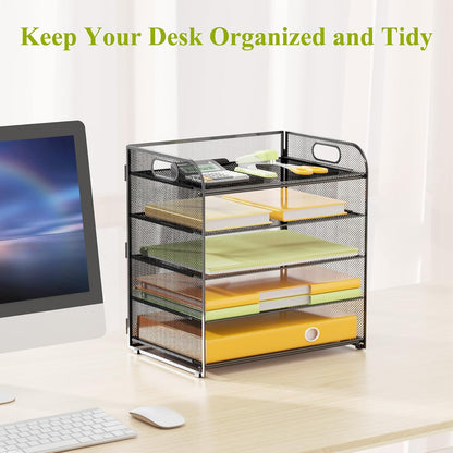 5 Tier Paper Letter Tray Organizer with Handles, Mesh Desk File Organizer Metal Paper Sorter Holder, Desktop Document Shelf Tray Storage Organization for Office School Home