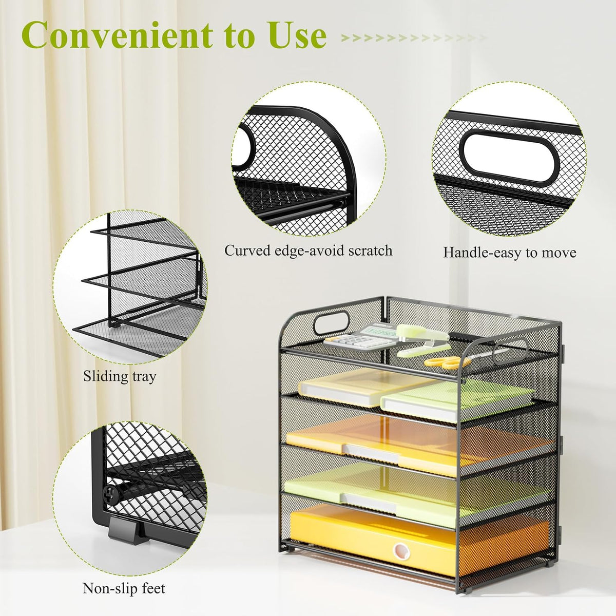 5 Tier Paper Letter Tray Organizer with Handles, Mesh Desk File Organizer Metal Paper Sorter Holder, Desktop Document Shelf Tray Storage Organization for Office School Home