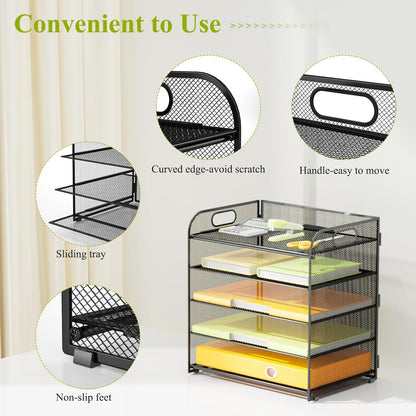 5 Tier Paper Letter Tray Organizer with Handles, Mesh Desk File Organizer Metal Paper Sorter Holder, Desktop Document Shelf Tray Storage Organization for Office School Home