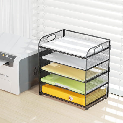 5 Tier Paper Letter Tray Organizer with Handles, Mesh Desk File Organizer Metal Paper Sorter Holder, Desktop Document Shelf Tray Storage Organization for Office School Home