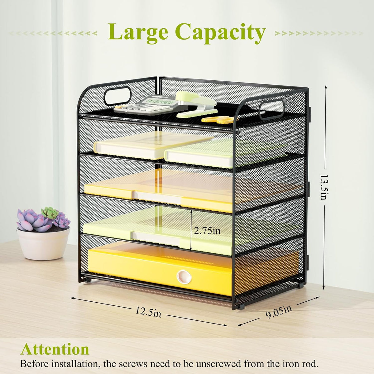 5 Tier Paper Letter Tray Organizer with Handles, Mesh Desk File Organizer Metal Paper Sorter Holder, Desktop Document Shelf Tray Storage Organization for Office School Home