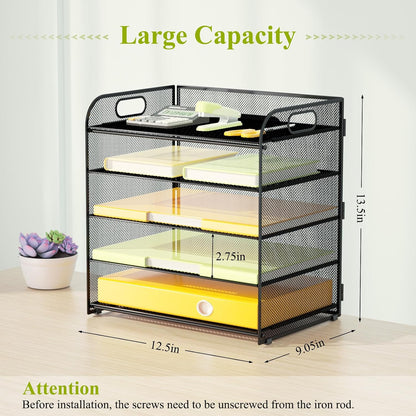 5 Tier Paper Letter Tray Organizer with Handles, Mesh Desk File Organizer Metal Paper Sorter Holder, Desktop Document Shelf Tray Storage Organization for Office School Home