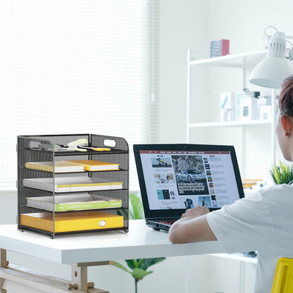 5 Tier Paper Letter Tray Organizer with Handles, Mesh Desk File Organizer Metal Paper Sorter Holder, Desktop Document Shelf Tray Storage Organization for Office School Home