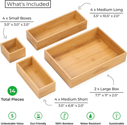Bamboo Drawer Organizer Boxes - Set of 14 Wooden Drawer Organizers for Kitchen, Bathroom, Office, Desk, Vanity, Makeup - Non-Slip Junk Drawer Organizer Trays for Storage and Organization