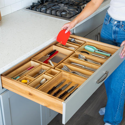 Bamboo Drawer Organizer Boxes - Set of 14 Wooden Drawer Organizers for Kitchen, Bathroom, Office, Desk, Vanity, Makeup - Non-Slip Junk Drawer Organizer Trays for Storage and Organization