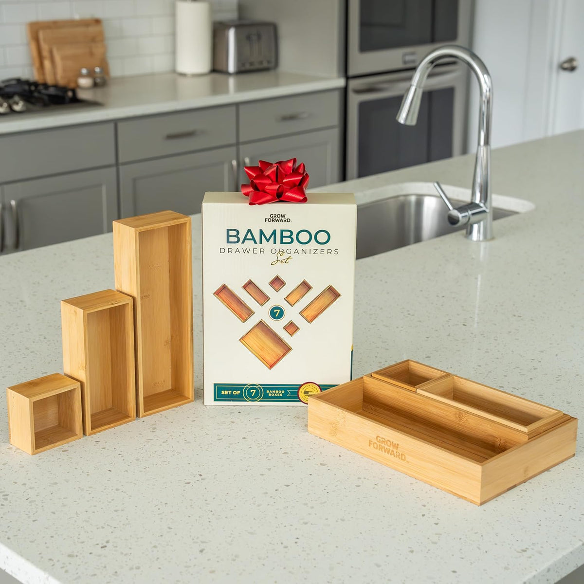 Bamboo Drawer Organizer Boxes - Set of 14 Wooden Drawer Organizers for Kitchen, Bathroom, Office, Desk, Vanity, Makeup - Non-Slip Junk Drawer Organizer Trays for Storage and Organization