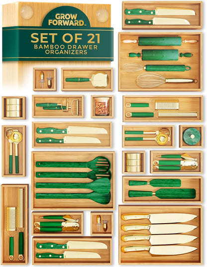 Bamboo Drawer Organizer Boxes - Set of 14 Wooden Drawer Organizers for Kitchen, Bathroom, Office, Desk, Vanity, Makeup - Non-Slip Junk Drawer Organizer Trays for Storage and Organization