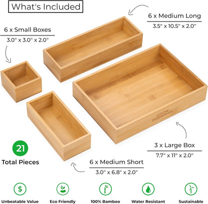 Bamboo Drawer Organizer Boxes - Set of 14 Wooden Drawer Organizers for Kitchen, Bathroom, Office, Desk, Vanity, Makeup - Non-Slip Junk Drawer Organizer Trays for Storage and Organization