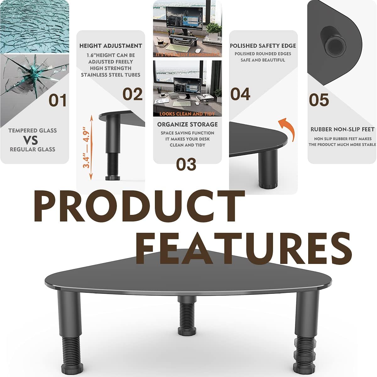 Tempered Glass Computer Monitor Riser/Triangle Save Space Desktop Corner Stand for Computer Monitor & Laptop Black HD01B-003