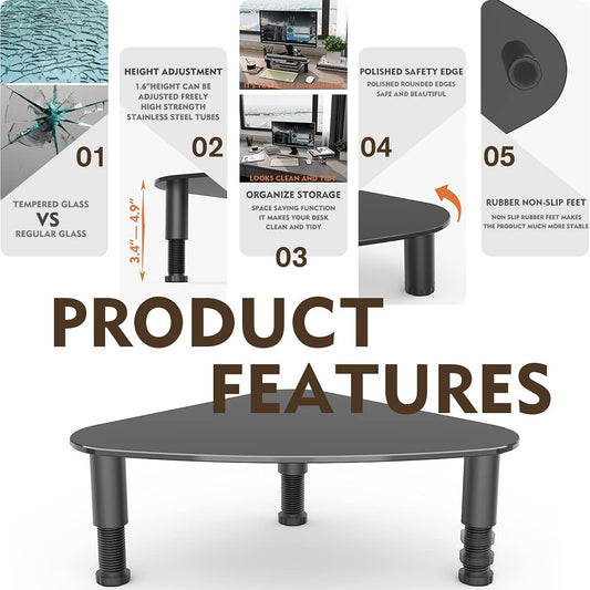 Tempered Glass Computer Monitor Riser/Triangle Save Space Desktop Corner Stand for Computer Monitor & Laptop Black HD01B-003