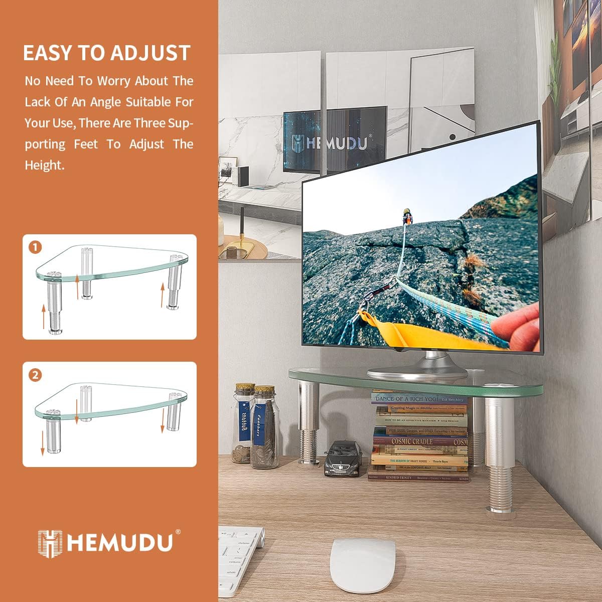 Tempered Glass Computer Monitor Riser/Triangle Save Space Desktop Corner Stand for Computer Monitor & Laptop Black HD01B-003
