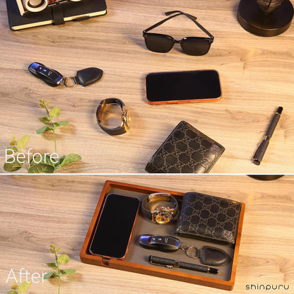 Shinpuru Wooden Valet Tray for Men, Nightstand Organizer with Leather Inlay, EDC Essentials Catchall Tray for Keys, Phone, Wallet, Watch, Earbuds - Bedside Desk Entryway Tray (Wood)