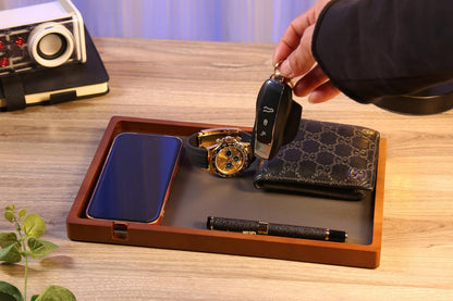Shinpuru Wooden Valet Tray for Men, Nightstand Organizer with Leather Inlay, EDC Essentials Catchall Tray for Keys, Phone, Wallet, Watch, Earbuds - Bedside Desk Entryway Tray (Wood)