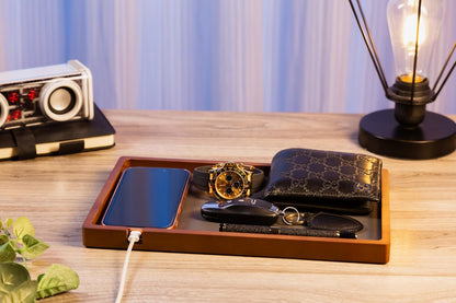 Shinpuru Wooden Valet Tray for Men, Nightstand Organizer with Leather Inlay, EDC Essentials Catchall Tray for Keys, Phone, Wallet, Watch, Earbuds - Bedside Desk Entryway Tray (Wood)