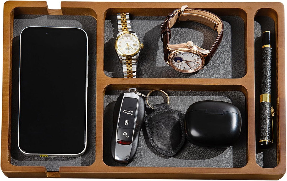Shinpuru Wooden Valet Tray for Men, Nightstand Organizer with Leather Inlay, EDC Essentials Catchall Tray for Keys, Phone, Wallet, Watch, Earbuds - Bedside Desk Entryway Tray (Wood)