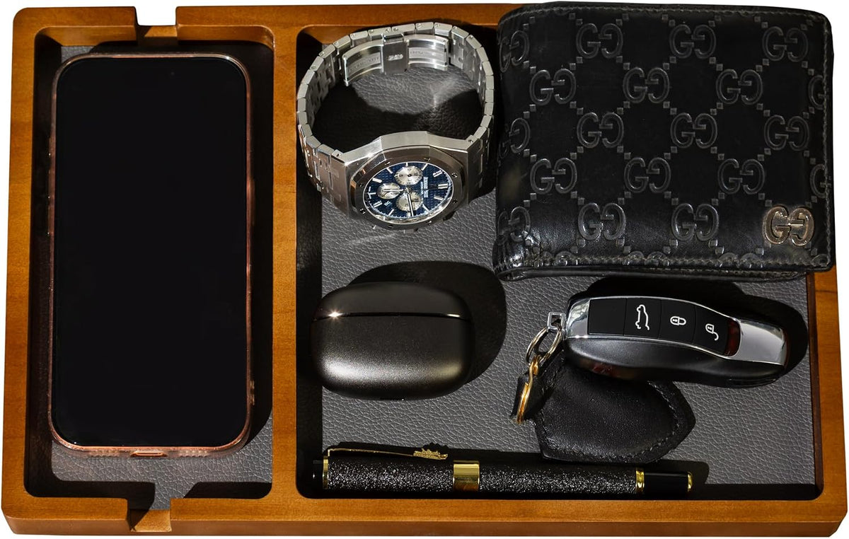 Shinpuru Wooden Valet Tray for Men, Nightstand Organizer with Leather Inlay, EDC Essentials Catchall Tray for Keys, Phone, Wallet, Watch, Earbuds - Bedside Desk Entryway Tray (Wood)