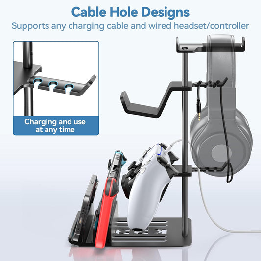 Headphone Stand, Controller Holder & Headset Holder for Desk, Earphone Stand with Aluminum Supporting Bar, Universal Storage Organizer Headphones/Controller/Switch/Mobile Phone