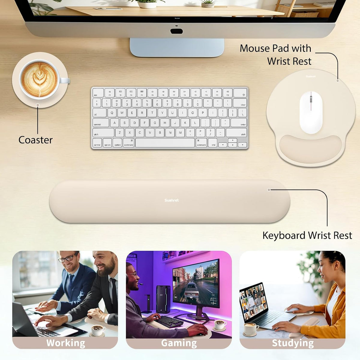 Mouse Pad and Keyboard Wrist Rest, 3-in-1 Gel Memory Foam Ergonomic Mouse Pad with Wrist Rest Set,Gaming Mousepad Arm Cushion Support for Computer Office Desk Accessories Cute Setup,Sage Green