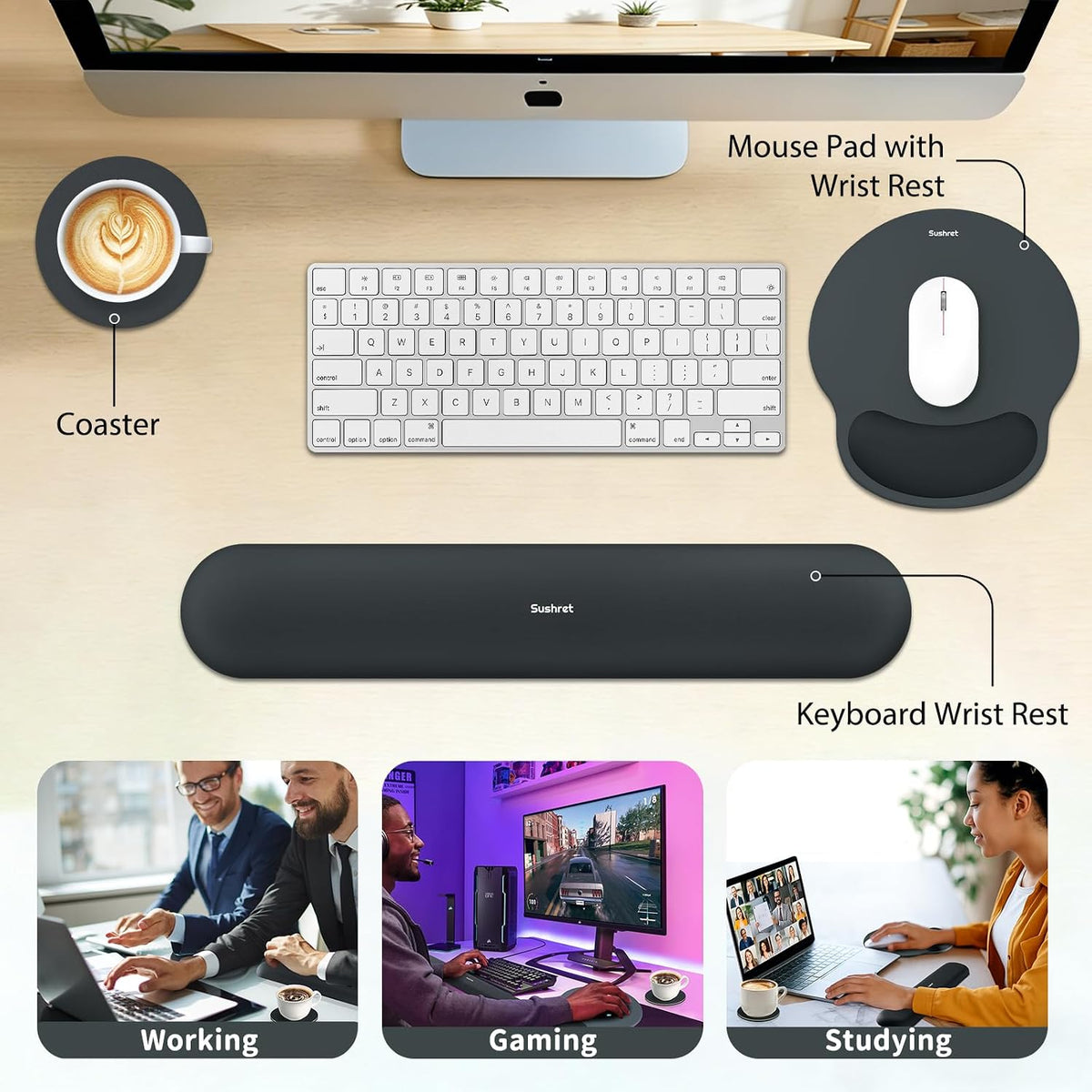 Mouse Pad and Keyboard Wrist Rest, 3-in-1 Gel Memory Foam Ergonomic Mouse Pad with Wrist Rest Set,Gaming Mousepad Arm Cushion Support for Computer Office Desk Accessories Cute Setup,Sage Green