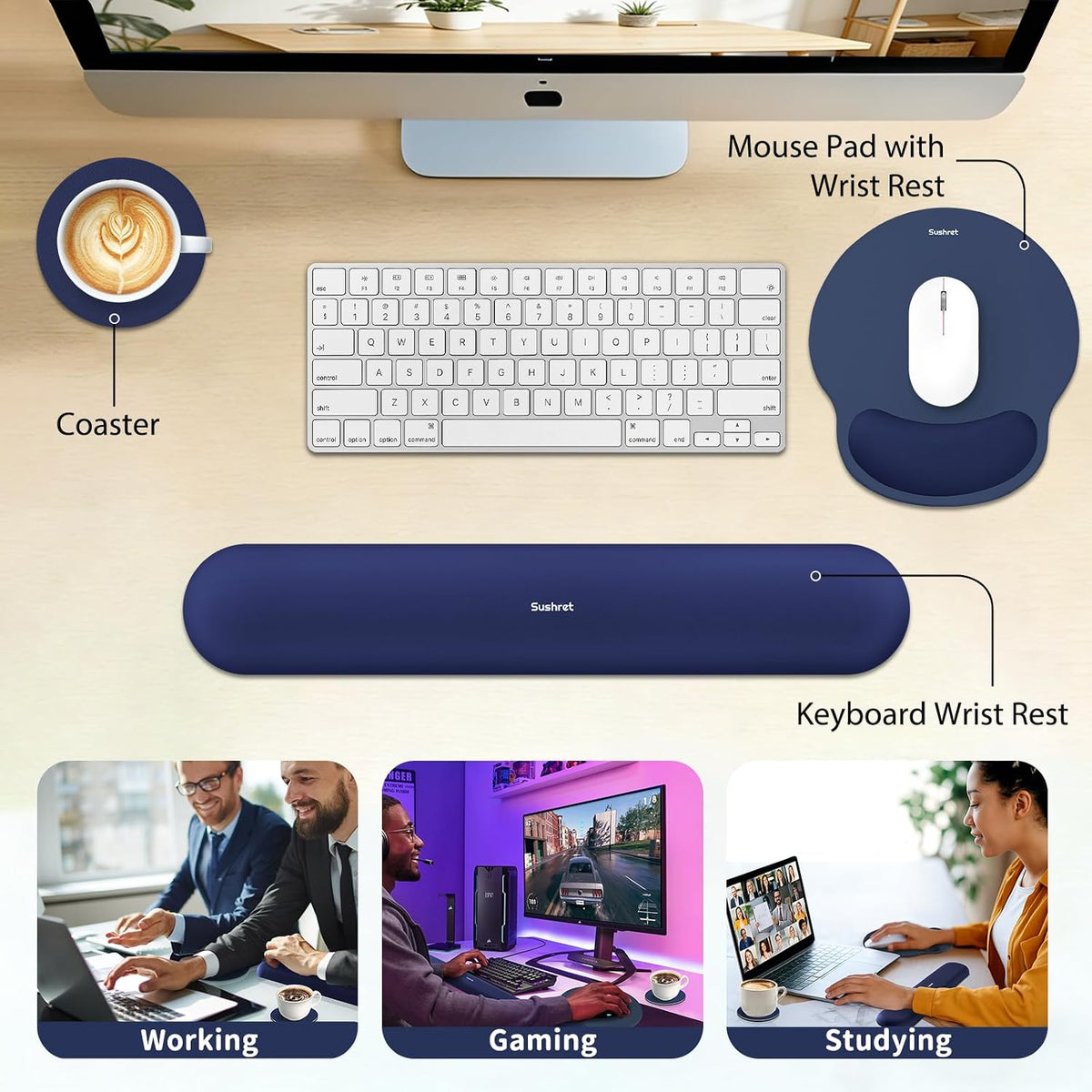 Mouse Pad and Keyboard Wrist Rest, 3-in-1 Gel Memory Foam Ergonomic Mouse Pad with Wrist Rest Set,Gaming Mousepad Arm Cushion Support for Computer Office Desk Accessories Cute Setup,Sage Green