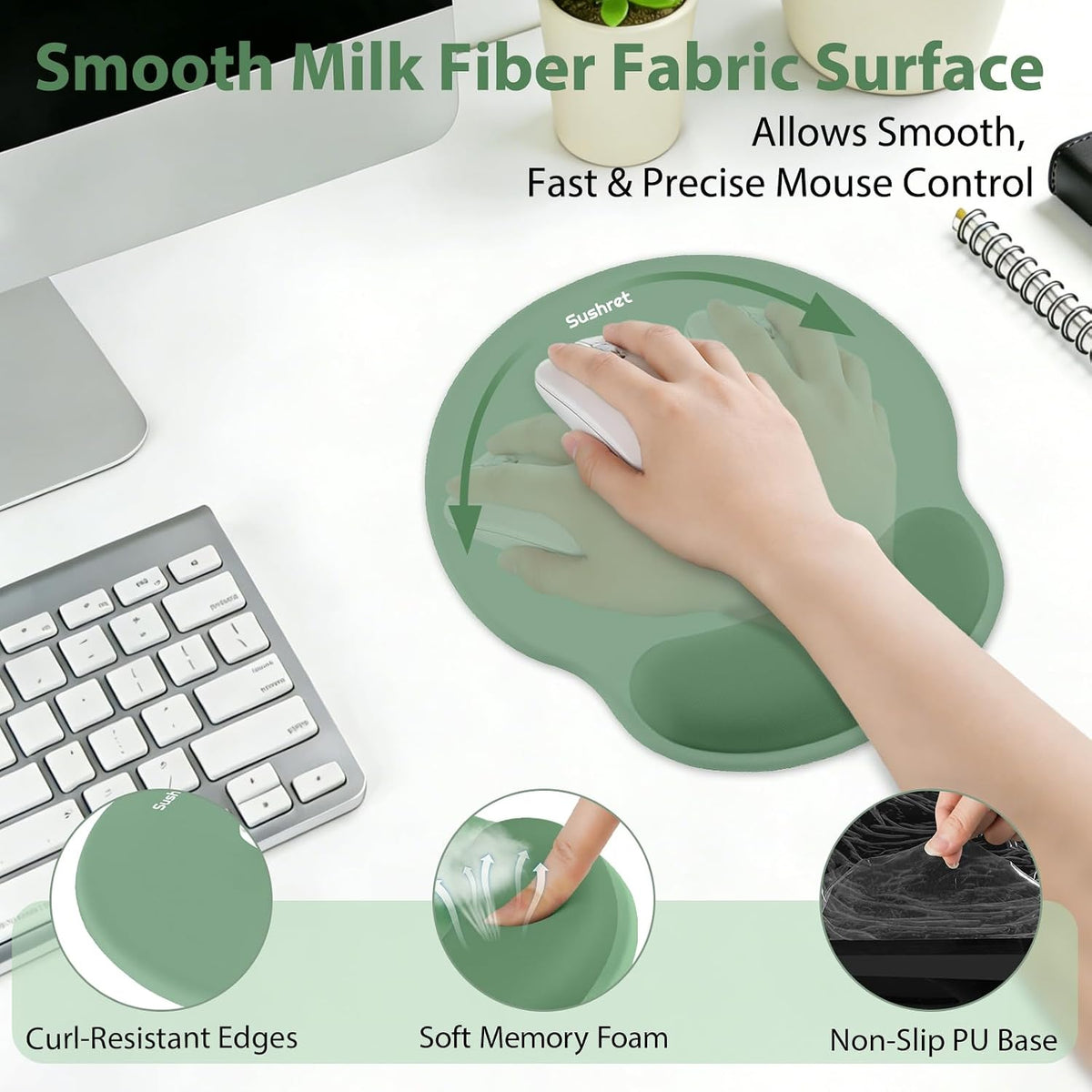 Mouse Pad and Keyboard Wrist Rest, 3-in-1 Gel Memory Foam Ergonomic Mouse Pad with Wrist Rest Set,Gaming Mousepad Arm Cushion Support for Computer Office Desk Accessories Cute Setup,Sage Green