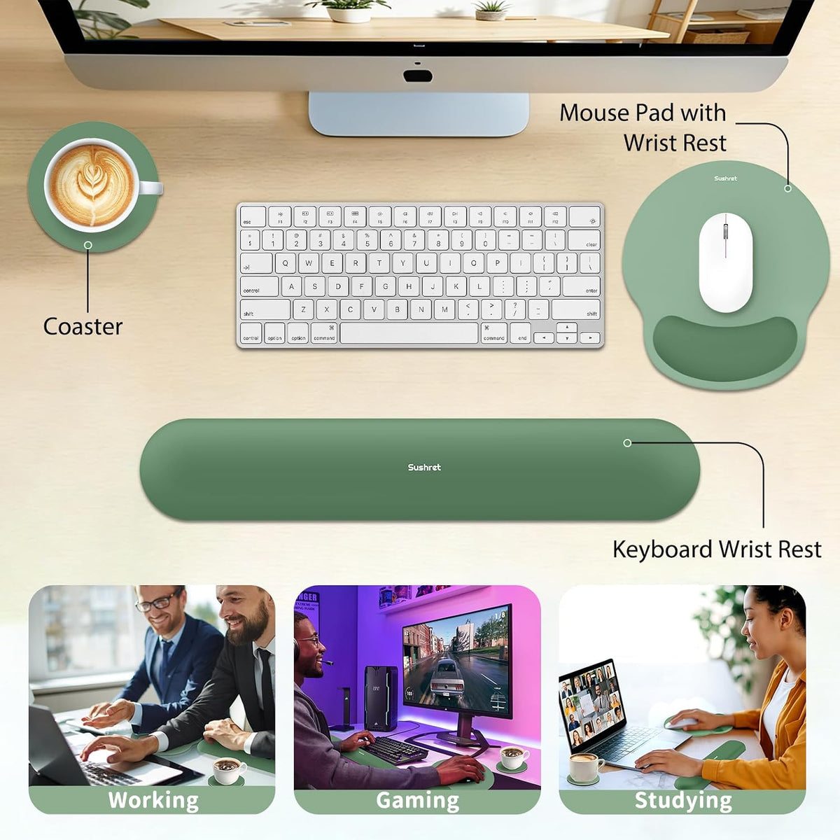 Mouse Pad and Keyboard Wrist Rest, 3-in-1 Gel Memory Foam Ergonomic Mouse Pad with Wrist Rest Set,Gaming Mousepad Arm Cushion Support for Computer Office Desk Accessories Cute Setup,Sage Green