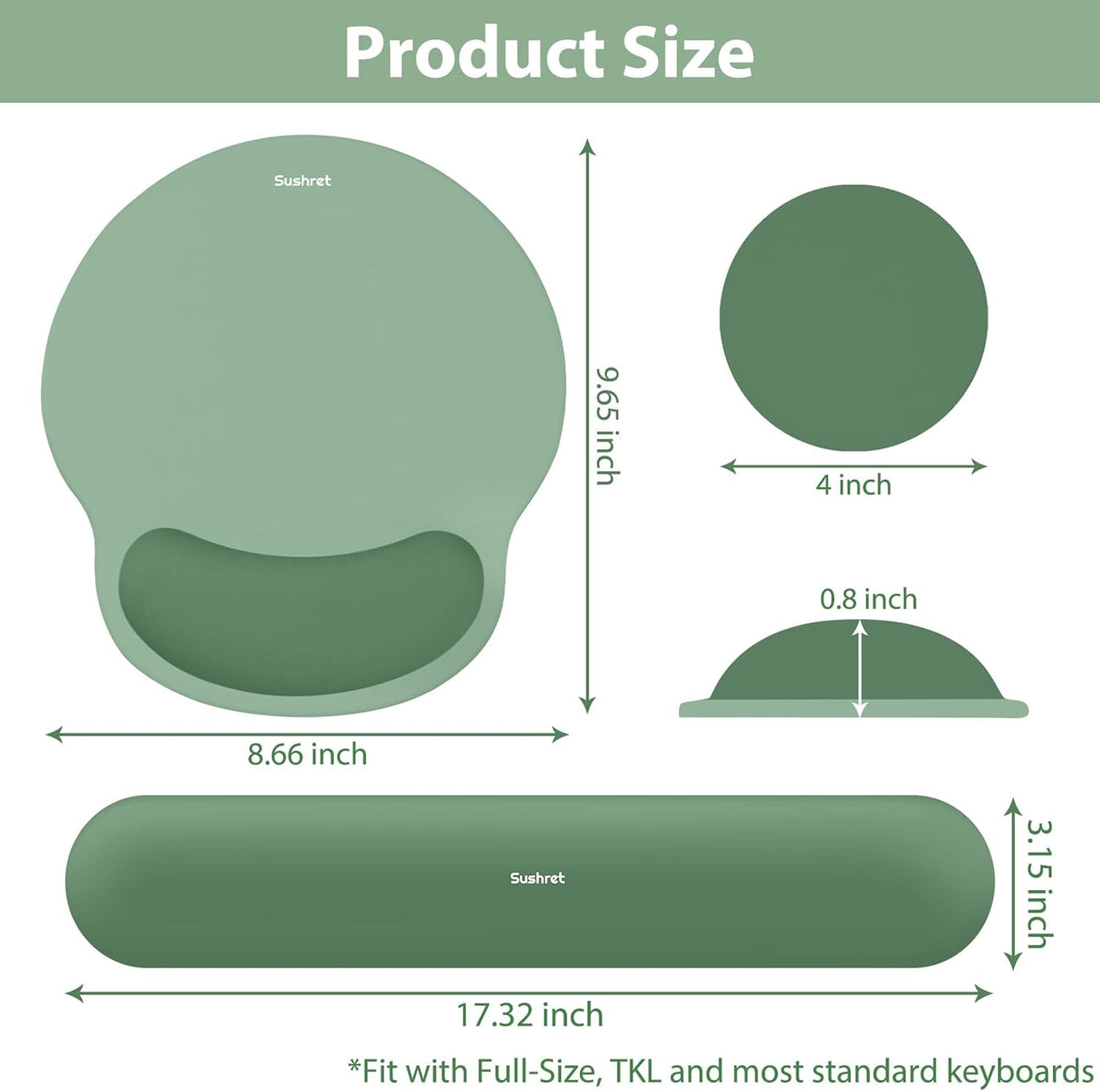 Mouse Pad and Keyboard Wrist Rest, 3-in-1 Gel Memory Foam Ergonomic Mouse Pad with Wrist Rest Set,Gaming Mousepad Arm Cushion Support for Computer Office Desk Accessories Cute Setup,Sage Green