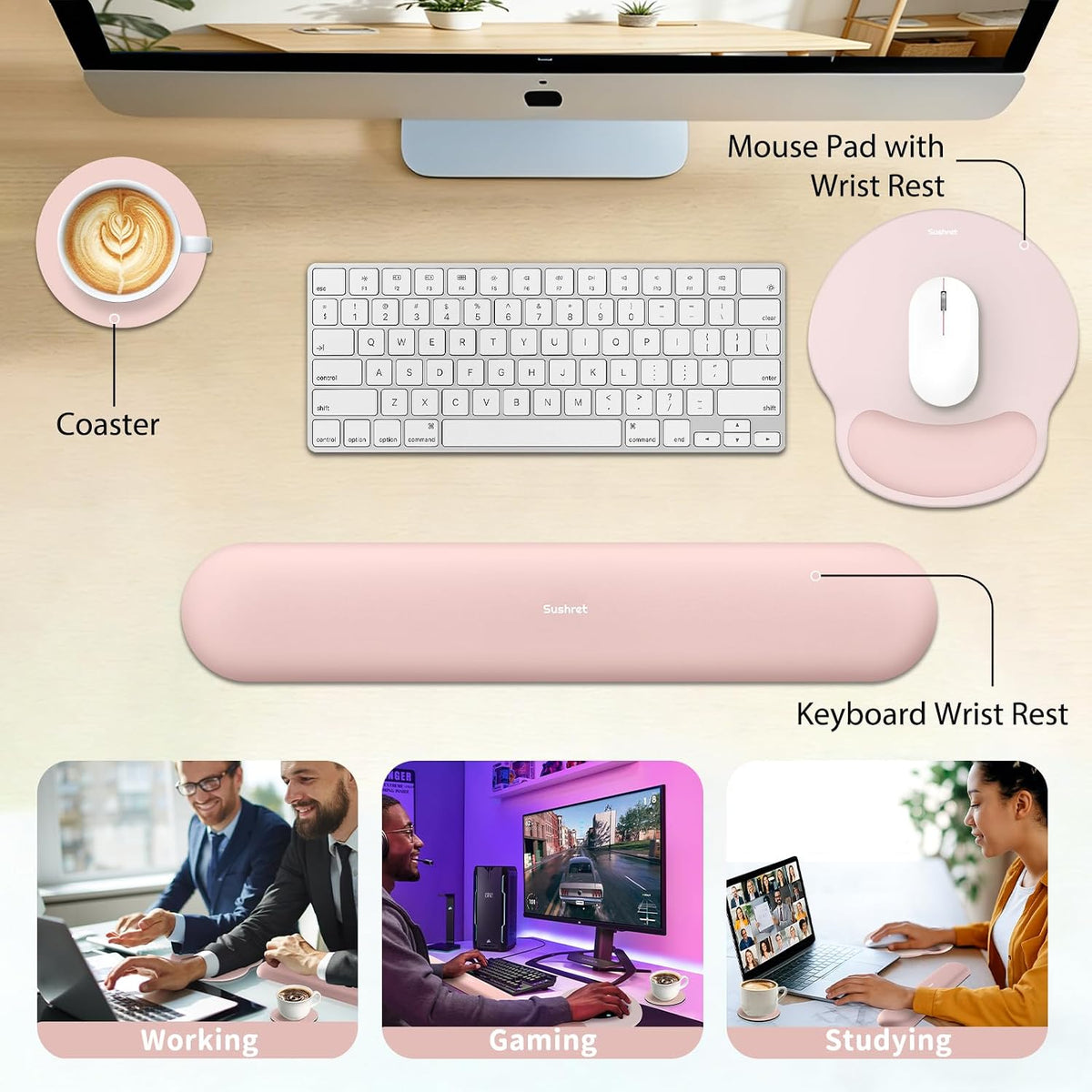 Mouse Pad and Keyboard Wrist Rest, 3-in-1 Gel Memory Foam Ergonomic Mouse Pad with Wrist Rest Set,Gaming Mousepad Arm Cushion Support for Computer Office Desk Accessories Cute Setup,Sage Green