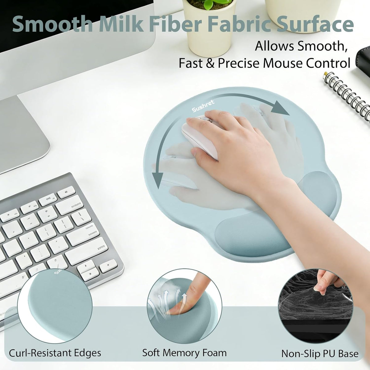 Mouse Pad and Keyboard Wrist Rest, 3-in-1 Gel Memory Foam Ergonomic Mouse Pad with Wrist Rest Set,Gaming Mousepad Arm Cushion Support for Computer Office Desk Accessories Cute Setup,Sage Green