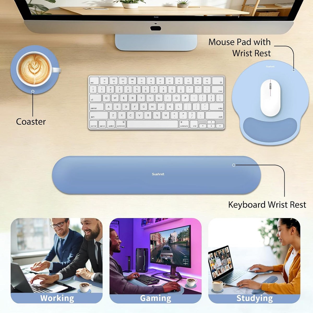Mouse Pad and Keyboard Wrist Rest, 3-in-1 Gel Memory Foam Ergonomic Mouse Pad with Wrist Rest Set,Gaming Mousepad Arm Cushion Support for Computer Office Desk Accessories Cute Setup,Sage Green