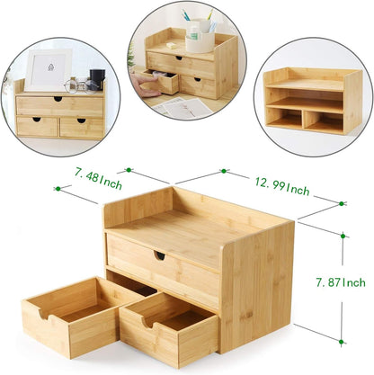 Bamboo Desk Organizer with Drawers, 3-Drawer Desktop Storage Box