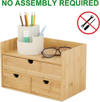 Bamboo Desk Organizer with Drawers, 3-Drawer Desktop Storage Box