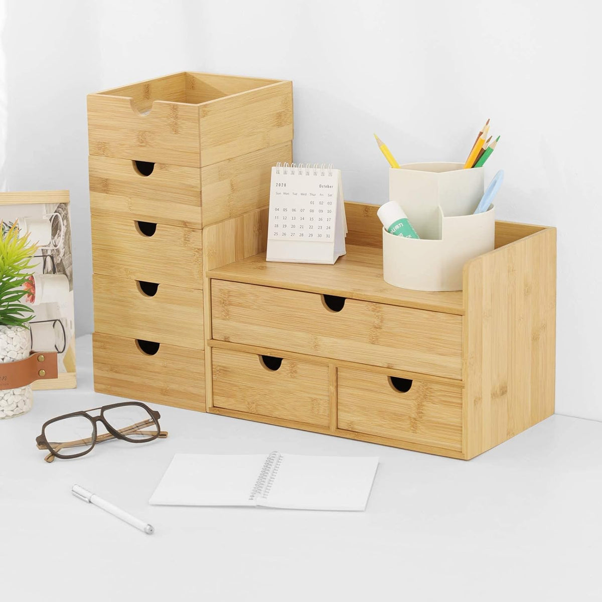 Bamboo Desk Organizer with Drawers, 3-Drawer Desktop Storage Box