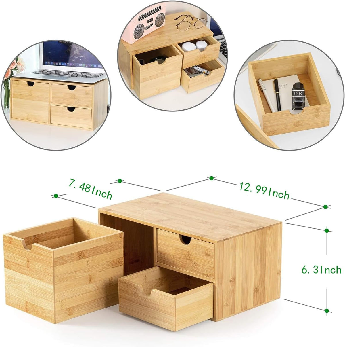 Bamboo Desk Organizer with Drawers, 3-Drawer Desktop Storage Box