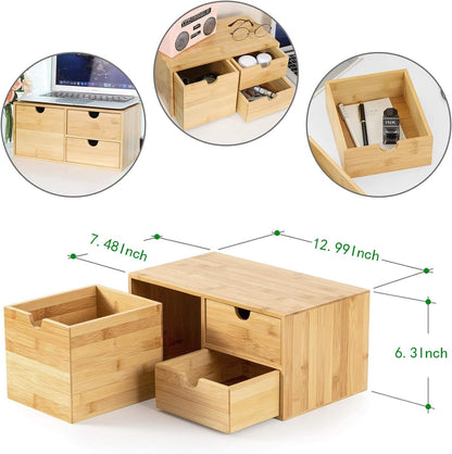 Bamboo Desk Organizer with Drawers, 3-Drawer Desktop Storage Box