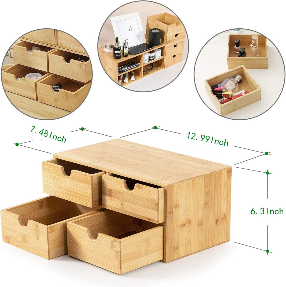 Bamboo Desk Organizer with Drawers, 3-Drawer Desktop Storage Box