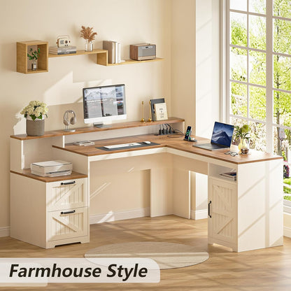 63" Farmhouse L Shaped Desk with Drawers & Printer Shelf for Home Office
