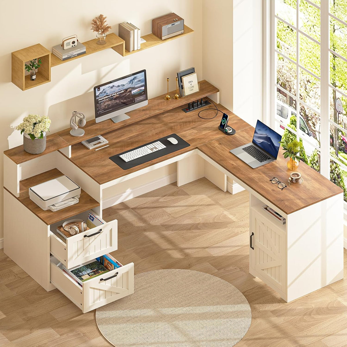 63" Farmhouse L Shaped Desk with Drawers & Printer Shelf for Home Office